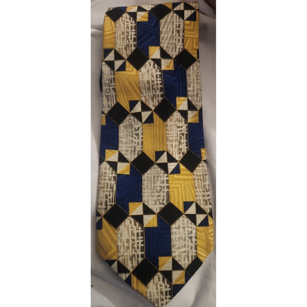 Bergere Men's Silk Tie - Blue & Gold‎ Geometric Pattern - Made in USA  (Vintage)